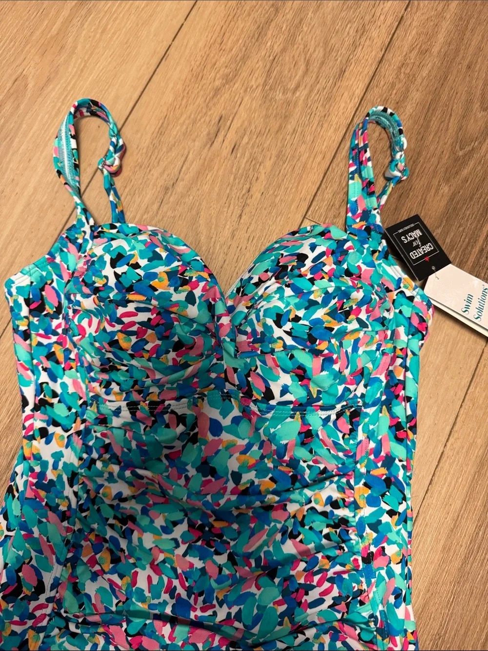 Swim Solutions NWT 10  Blue Multi-Print Sweetheart tummy One-Piece Swimsuit - Picture 2 of 8
